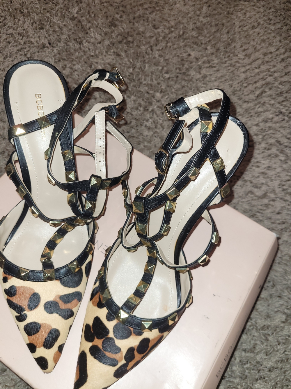 BCBGeneration Leopard Print Studded Strappy Pointed Heels.